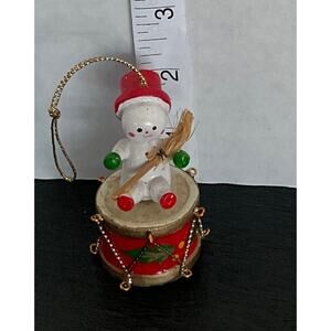Vintage Wooden Snowman on Drum Christmas Ornament